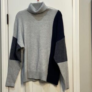 Blue and Gray Cowl Turtleneck Sweater with Color-Block Design
